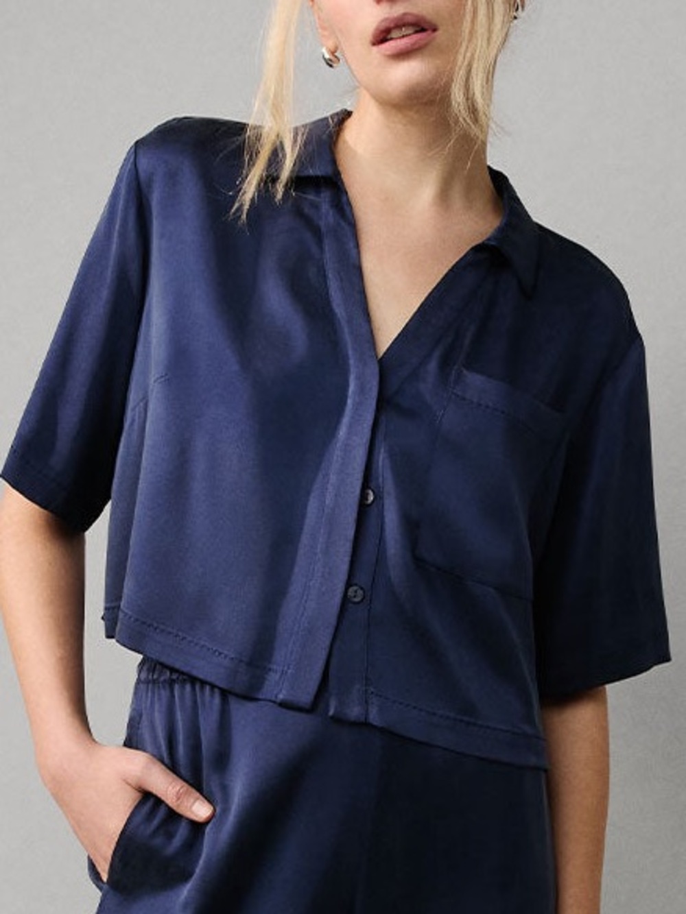 Lunya Washable Silk Cropped Button Down Top Size L